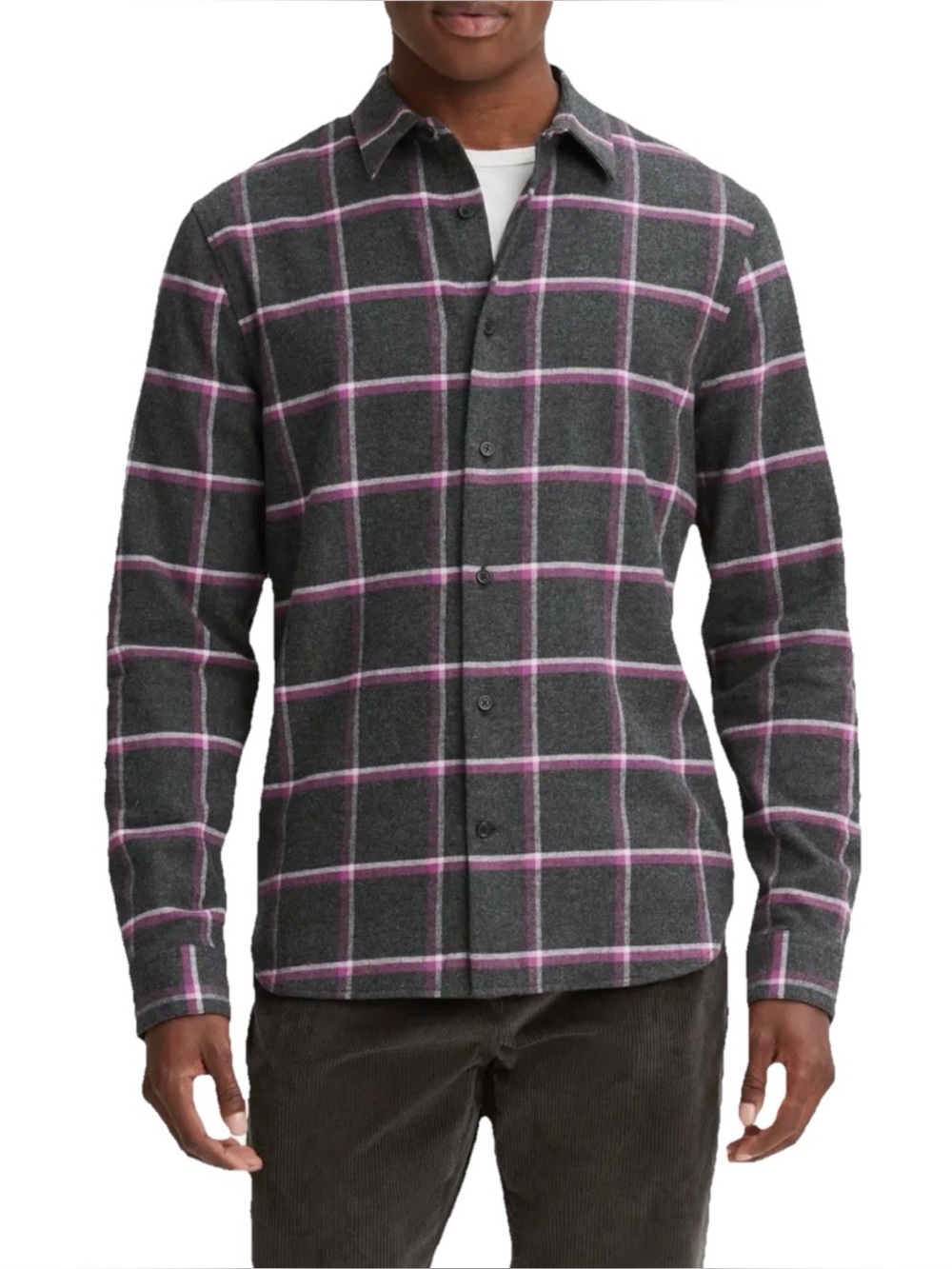 Vince Skipton Plaid Flannel Button-Up Cotton Shirt Men’s Grey & Pink Size Large